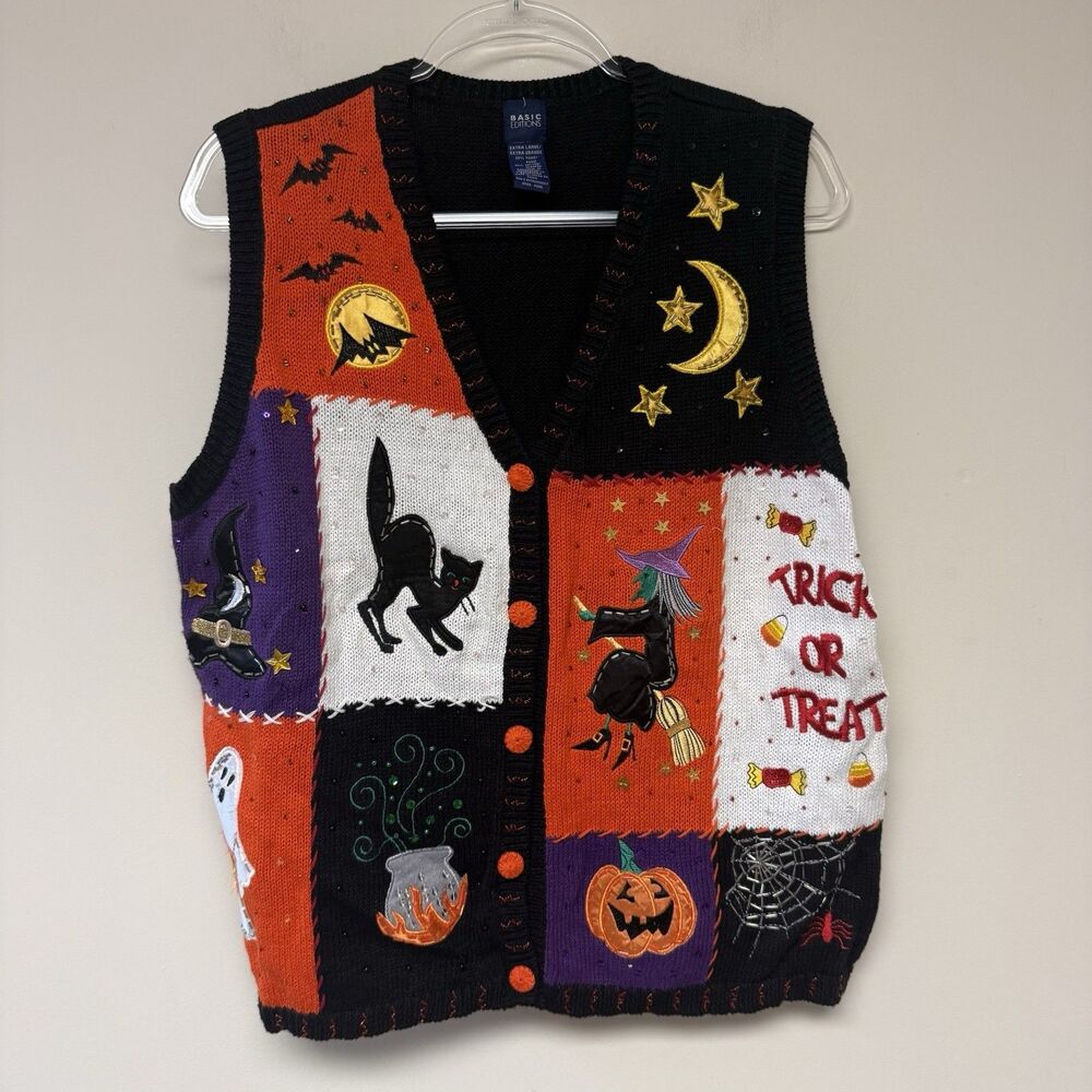 VTG Basic Editions Halloween Sweater Vest Patchwork Witch Ghost XL - Picture 2 of 4